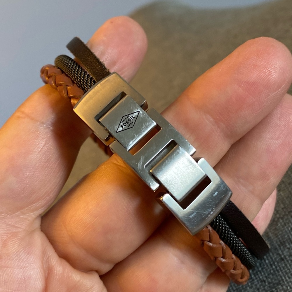 Fossil Triple Layer; Leather strap, Braided Leather & Chain-male Bracelet